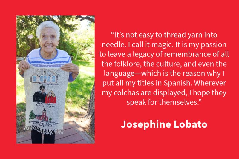 Red graphic with white text on the right and a photo of a woman on the left holding an embroidered artwork