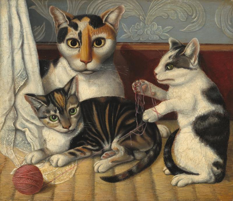 Oil painting of trio of cats with ball of yarn