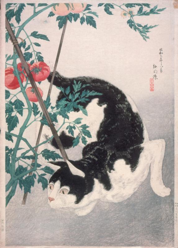 Japanese screenprint of cat and tomato plant