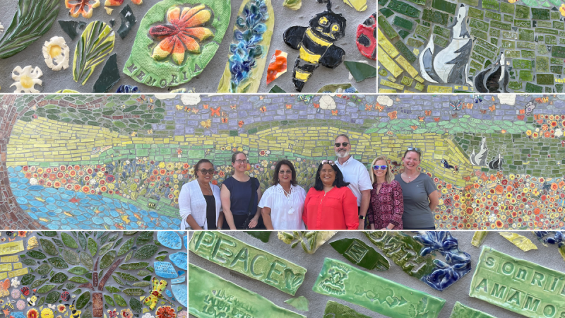 Details of a mosaic mural and a group of people posing in front of the mural.