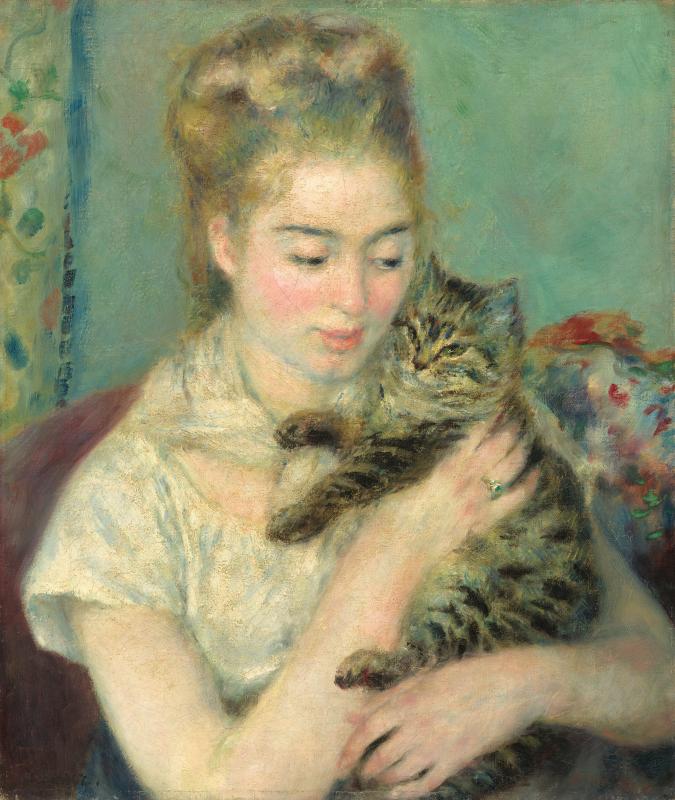 Soft pastel colored portrait of a white woman holding a tabby cat