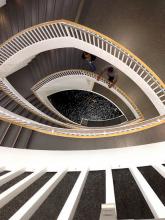a look down several flights of interior circular stairs at the Museum of Contemporary Art Chicago