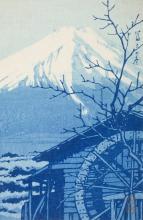 blue and white scene of snow-capped mountain in the background with wooden house in foreground