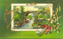 1912 St. Patrick's Day souvenir postcard featuring drawing of a bridge on a green background with floral embellishments