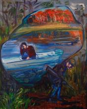 Painting of a tired veteran imagining a sad young man in a boat on a river.