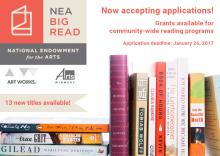 Pictures of book jackets for NEA Big Read books with text about application deadline.