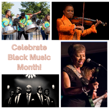 collage of photos including young people playing steel pans in a park, Regina Carter playing violin, Barbara Lynn singing, and a portrait of the Blind Boys of Alabama