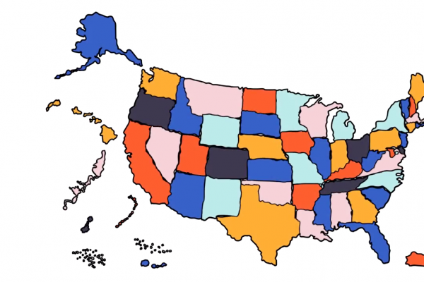 A colorful map of the United States of America.