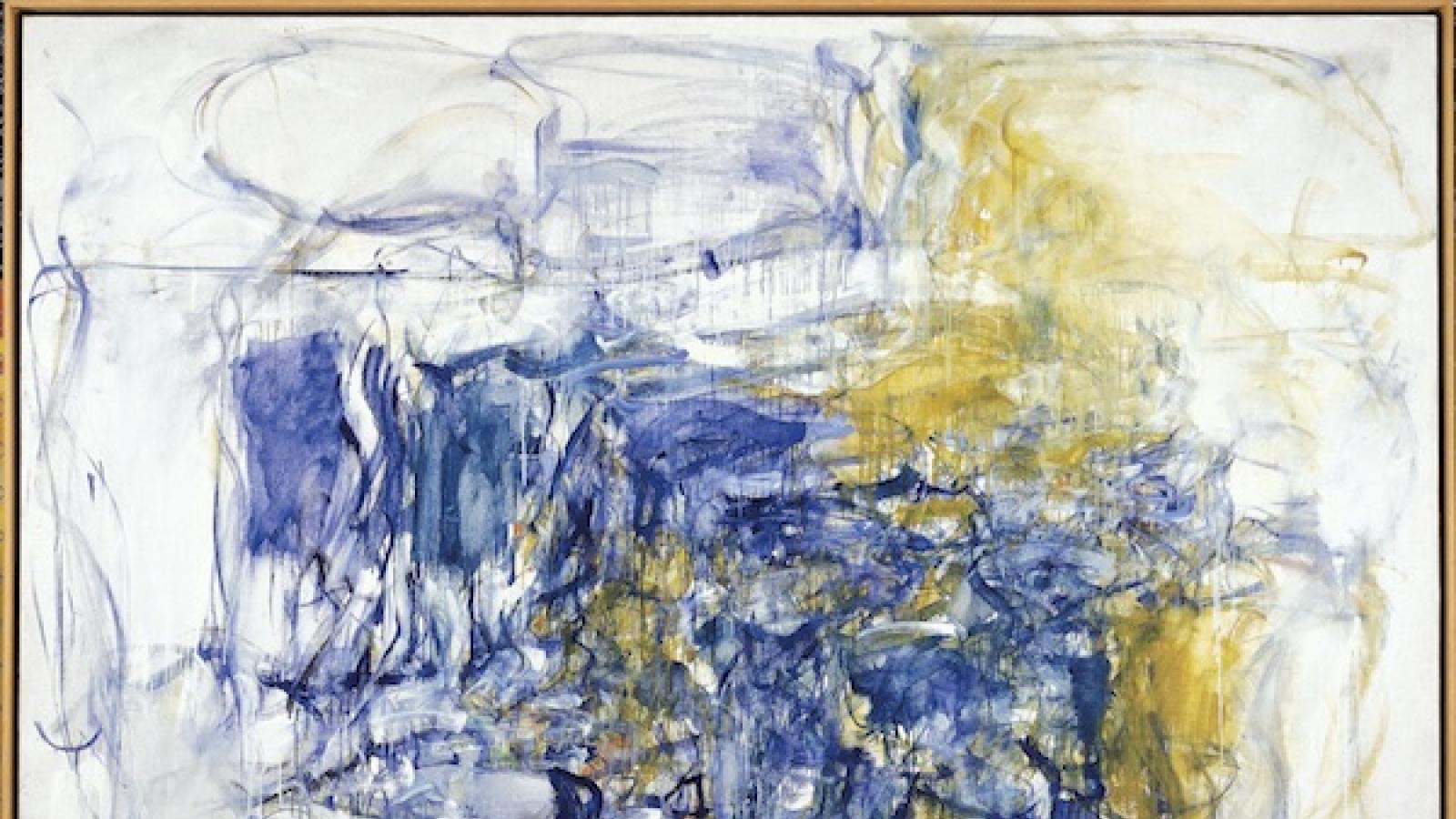 abstract expressionist work by joan mitchel in blue, white, and mustard tones