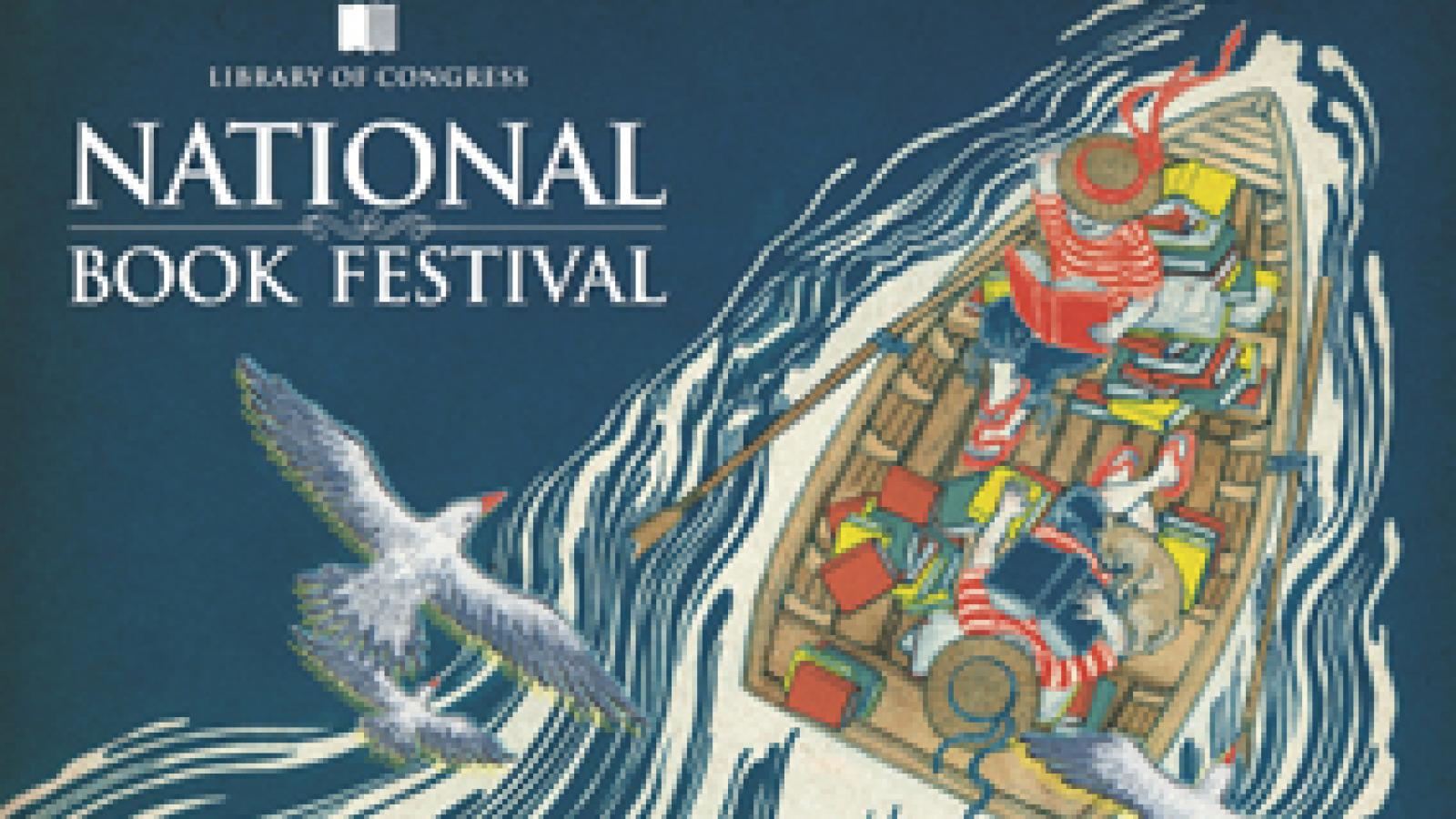 Festival poster with two people in a boat surrounded by books with birds flying above