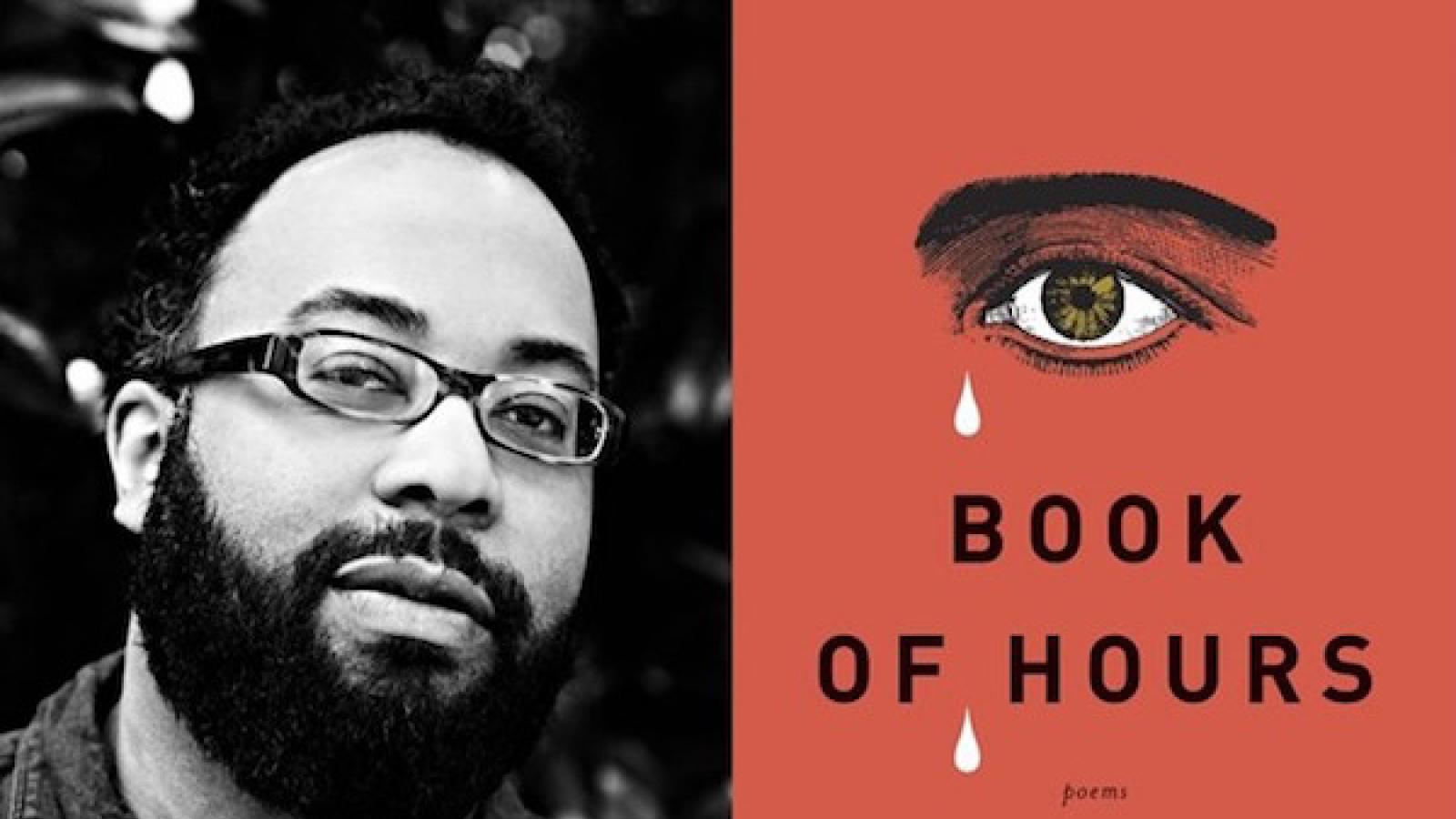 a diptych photo of African-American poet Kevin Young and his poetry collection Book of Hours which features a single eye and three teardrops