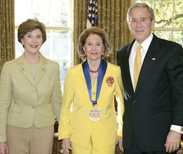 President Bush and Laura Bush with Cyd Charrise in the Oval Office